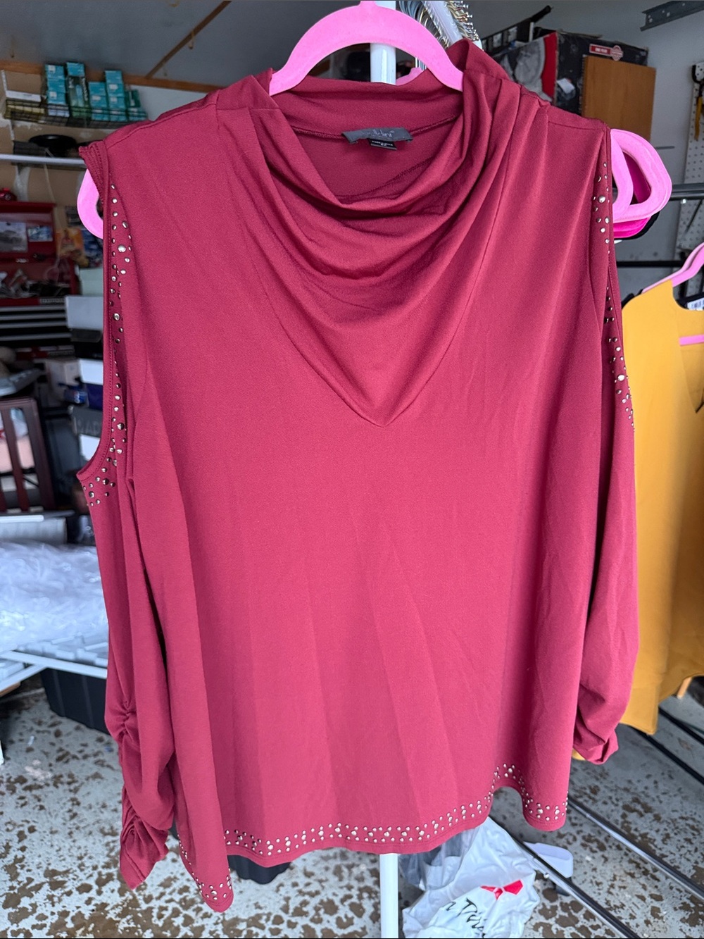 Belldini Burgundy Cold-Shoulder Drape Neck Top with Stud Accents